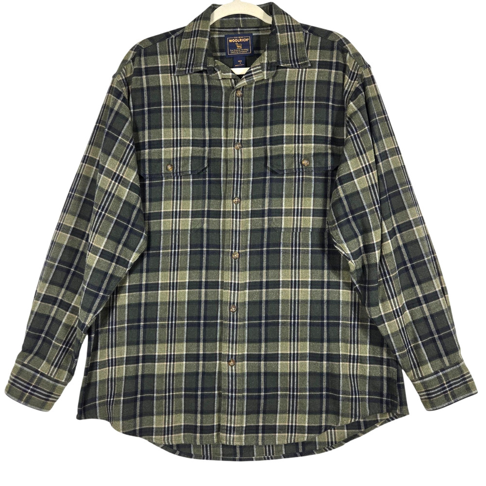 Woolrich Shirt Mens Medium Green Plaid Flannel Workwear Utility Outdoor Hiking - Picture 1 of 12